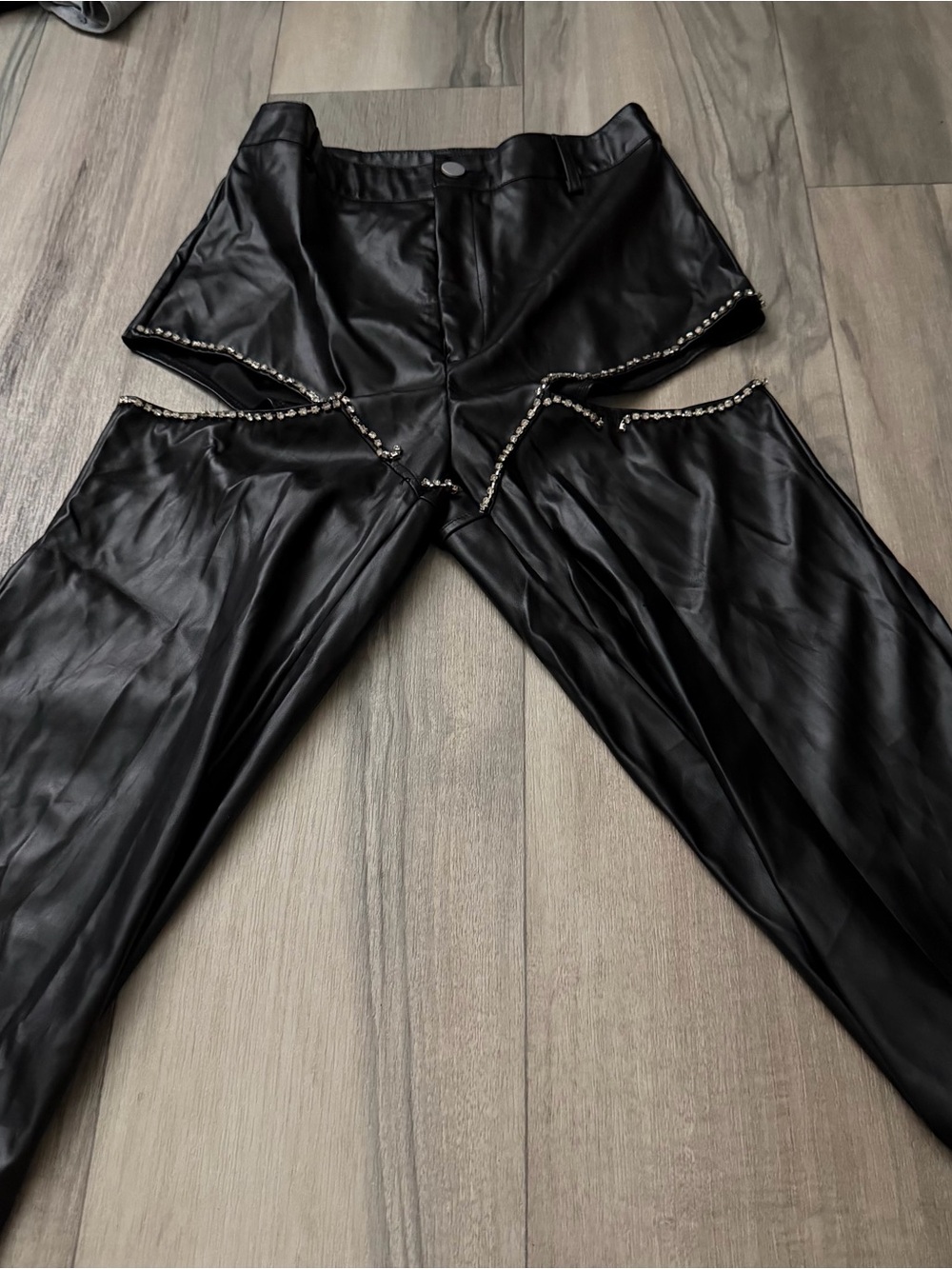 Faux Leather Rhinestone Cut Out Pants